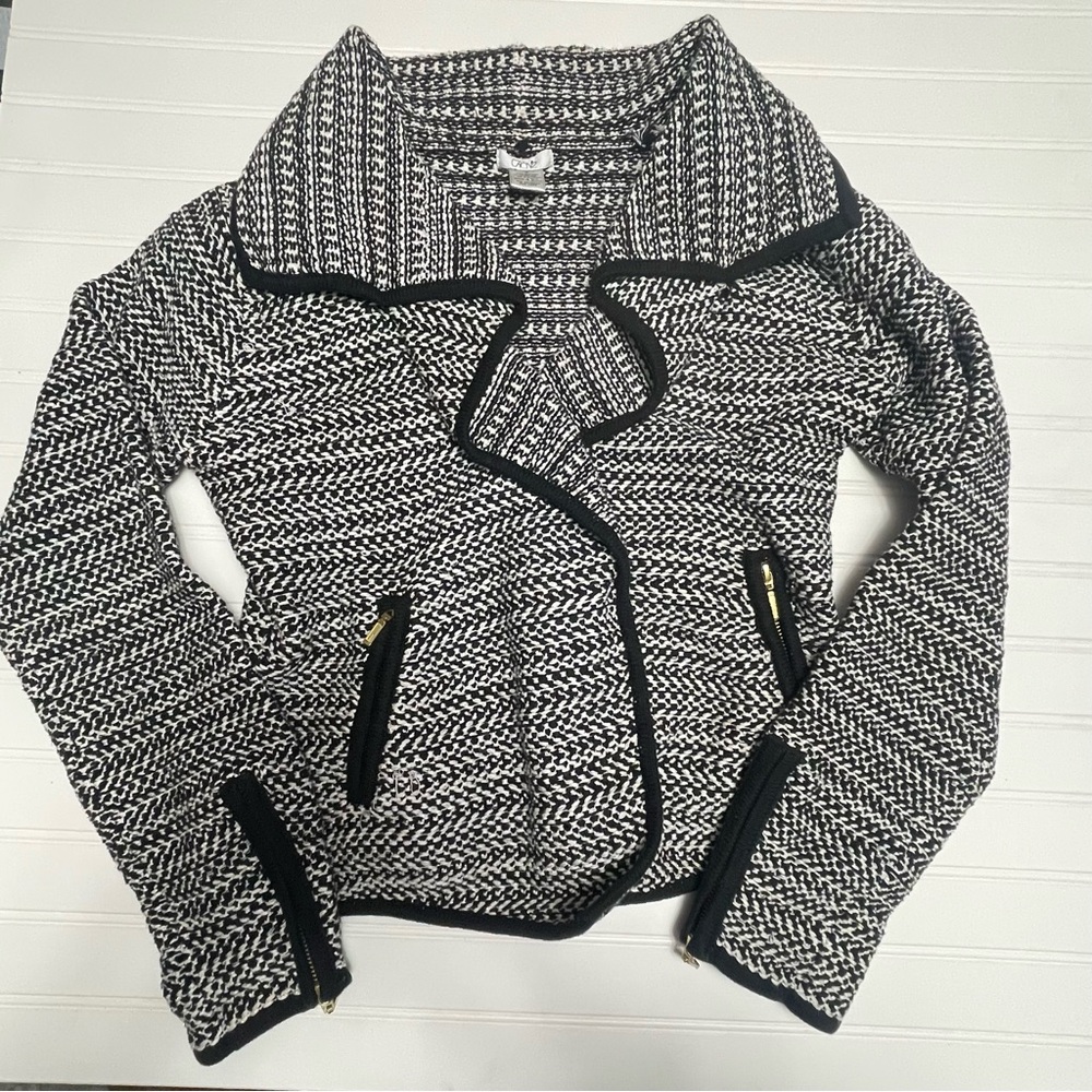 Cache Black White Silver Textured Knit Jacket Medium Y2K Femme Old Money Trend